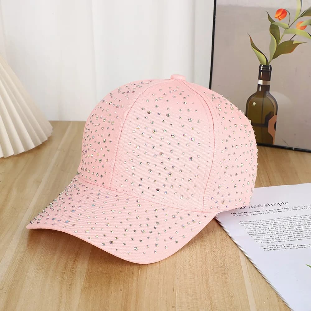Cappellino da baseball creativo con strass termoadesivi, tinta unita, alla moda, con protezione solare, in cotone, stile coreano, interamente tempestato di strass, per ragazza