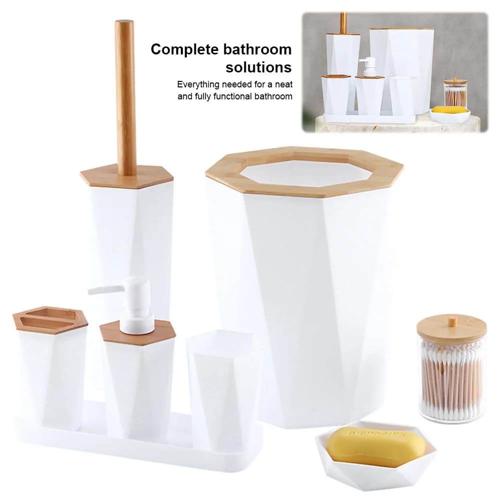 Set da Bagno 8 Pezzi con Portabicchieri, Dispenser Sapone, Spazzola, Accessori Bagno con Portasapone, Dispenser Sapone Liquido, Cestino, Spazzola WC