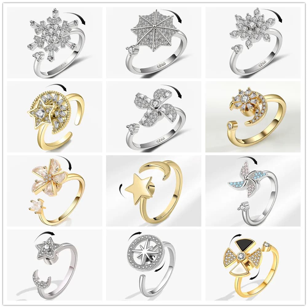 Anti Ansia Rilassante Anello rotante Accessori da donna Tendenza 2025 Rame intarsiato con strass Stella e luna Fidget Spinner in metallo