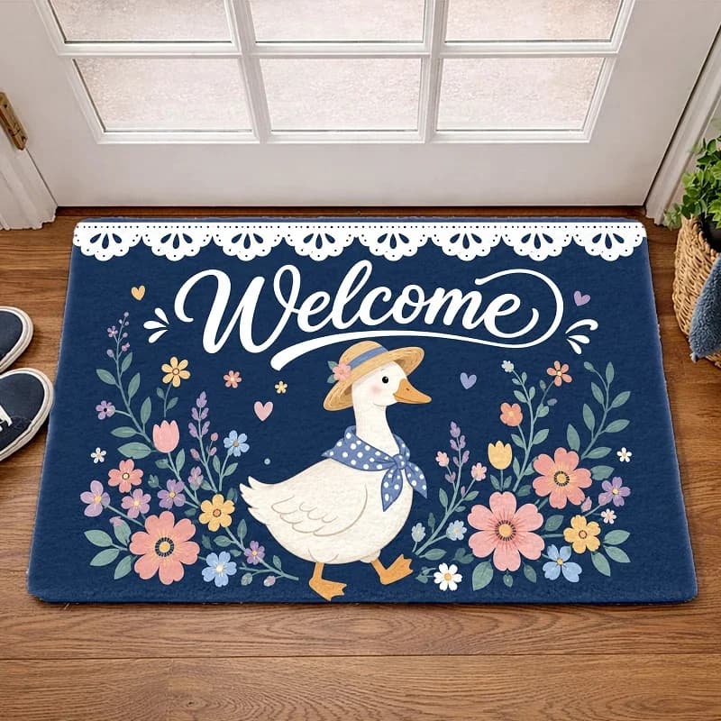 Flannel Floor Mat, Cute Duck and Flower Pattern Floor Mat, Indoor Universal Floor Mat, Entrance Mat, Kitchen, Balcony, Corridor, Office, Bedside, Bathroom