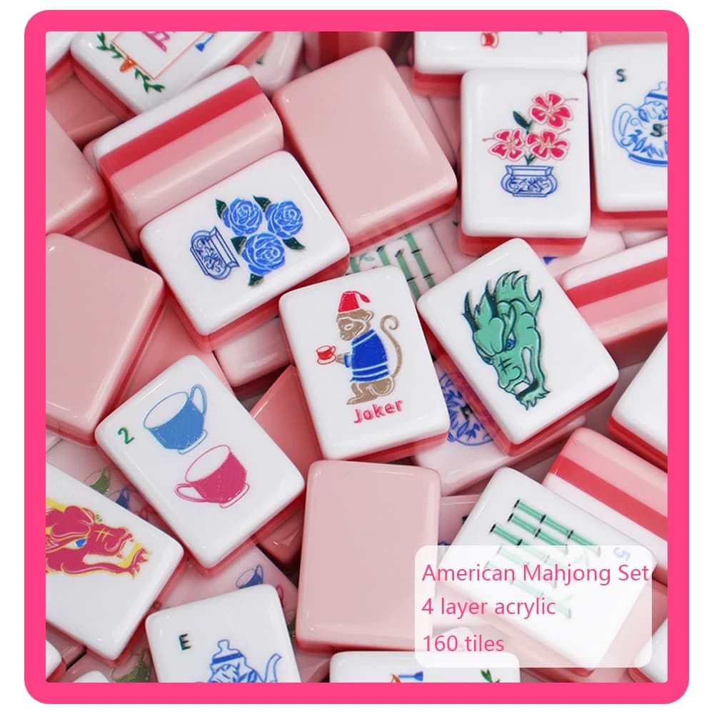 Acrylic Mahjong Tiles Luxury Engraved 4 Layer Pink American Mahjong Sets Portable MahJongSet for Board Game Gifts