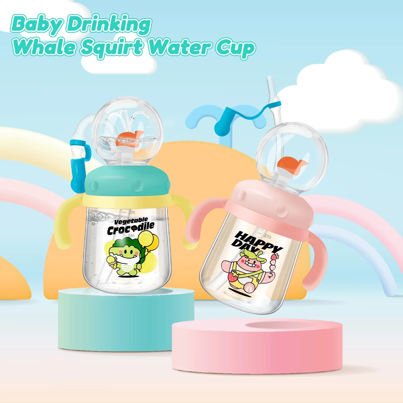 300ml Creative Whale Squirt Water Mug Stable Baby Drinking Cup Protable for Kids Water Bottle Outdoor Travel