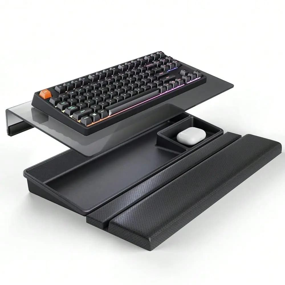 Supporto per tastiera 3 in 1 con poggiapolsi e vassoio portaoggetti Klearlook, supporto per polso ultra confortevole in pelle PU, supporto per tastiera in acrilico, 16.9
