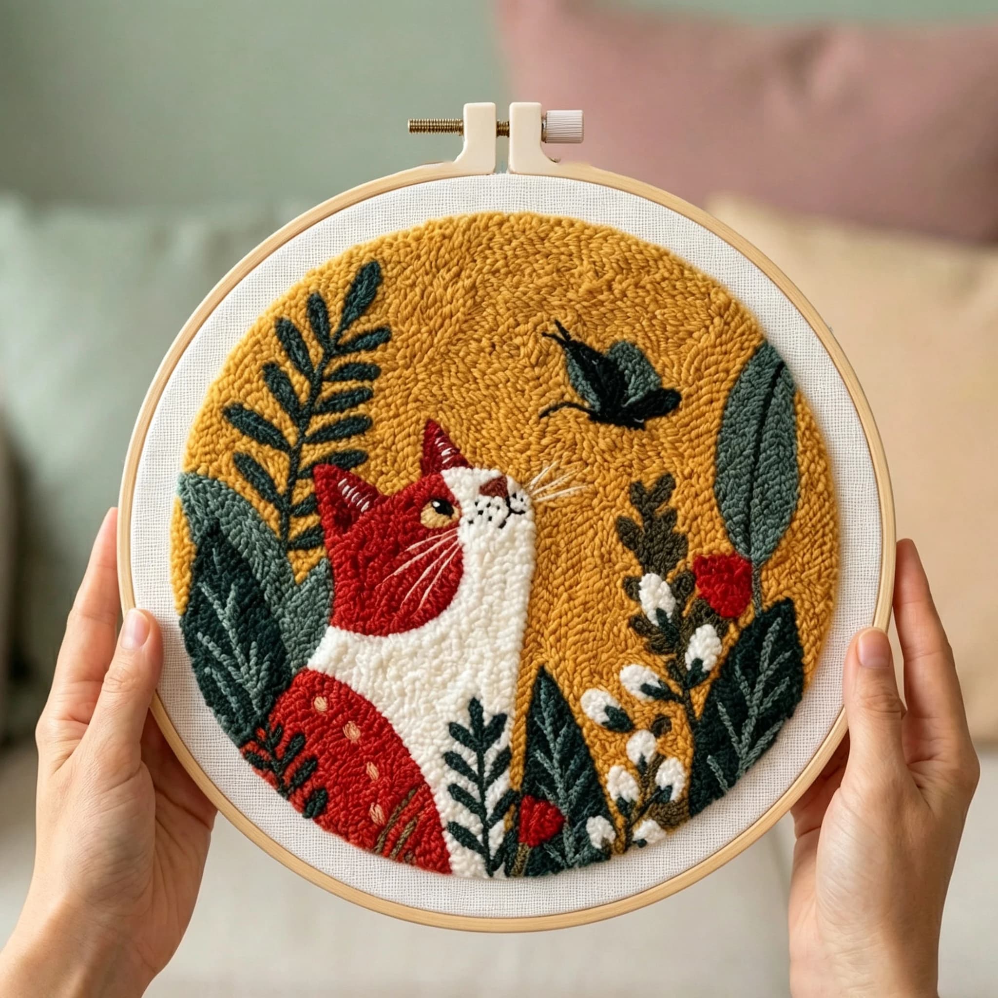 Butterfly Cat Embroidery Punch Needle Kit For Beginners 3D Wool Poke Embroidery Easy Craft Kit Sewing Hooking Kit Home Decor