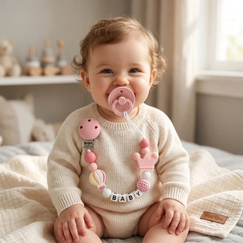 Catenella Portaciuccio Personalizzata con Nome, Porta Ciuccio in Silicone, Perline a Forma di Corona e Mongolfiera, Senza BPA, Fatta a Mano, Regalo per Baby Shower