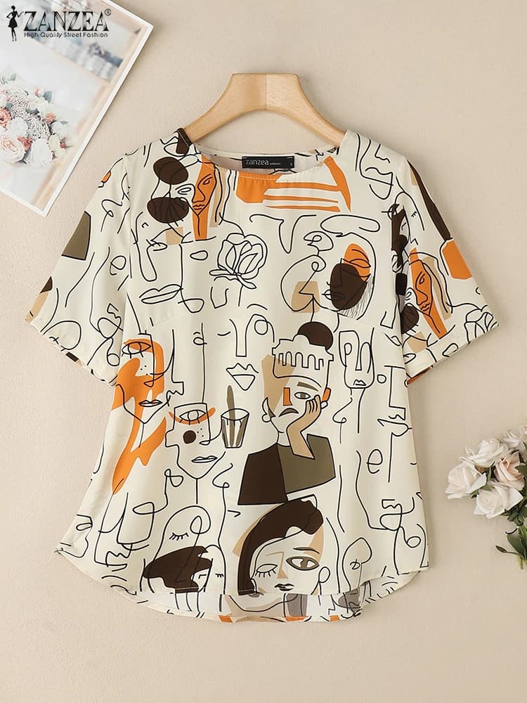 ZANZEA Camicette casual a mezza manica Moda donna Stampa astratta-viso O Collo Blusas Mujer 2025 T-shirt da indossare ogni giorno estivo