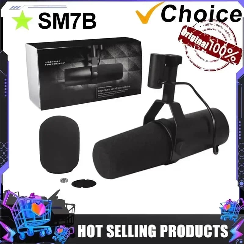 Microfono dinamico cardioide SM7B per studio, podcasting, live, registrazione, con supporto e filtro anti-pop, colore nero.