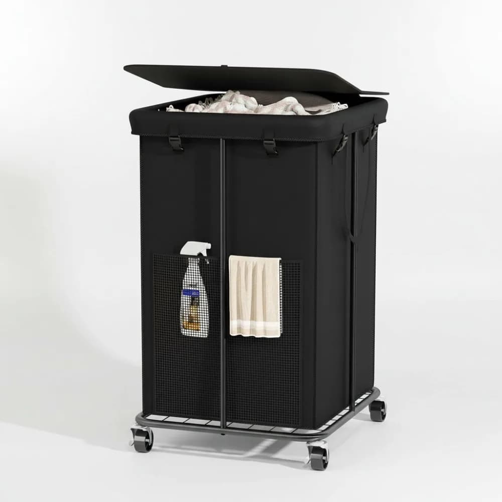 Basket with wheels of 160 liters, removable bag and metal frame for bedroom, bathroom, dormitory - Black
