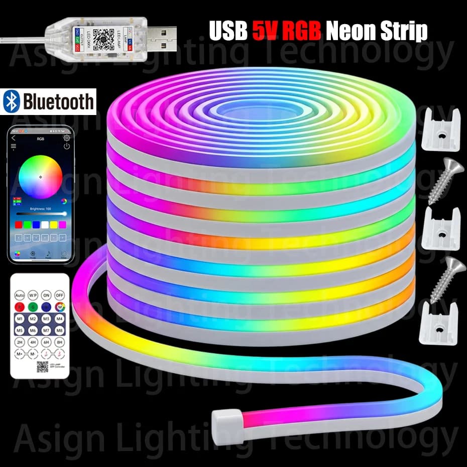 Striscia LED Neon RGB Intelligente 5V USB 1m-10m IP65 Flessibile con Sincronizzazione Musicale Bluetooth e Controllo App per Sala Giochi e Feste