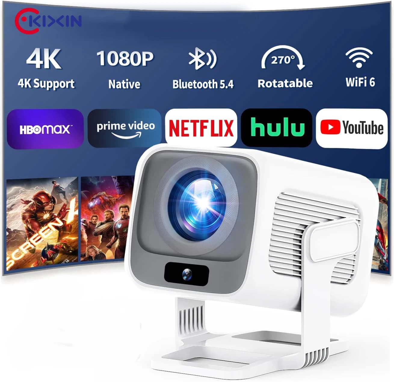 KIXIN Proiettore 4K Android Nativo Portatile 1080P Messa a fuoco automatica 600ANSI Video Home Cinema Proiettore LCD HD esterno Mini proiettore 4K
