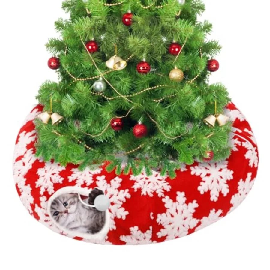 Tappeto a tunnel per gatti per albero di Natale da 1,5-2,3 m - Previene la caduta dell'albero di Natale, con motivi a fiocchi di neve, letto a tunnel caldo e morbido per gatti