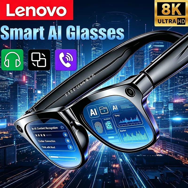 Occhiali Intelligenti Lenovo con Fotocamera 100MP, Video 8K HD, Chat GPT, Batteria 260mAh, Chiamate Bluetooth, Controllo Vocale per Uomo
