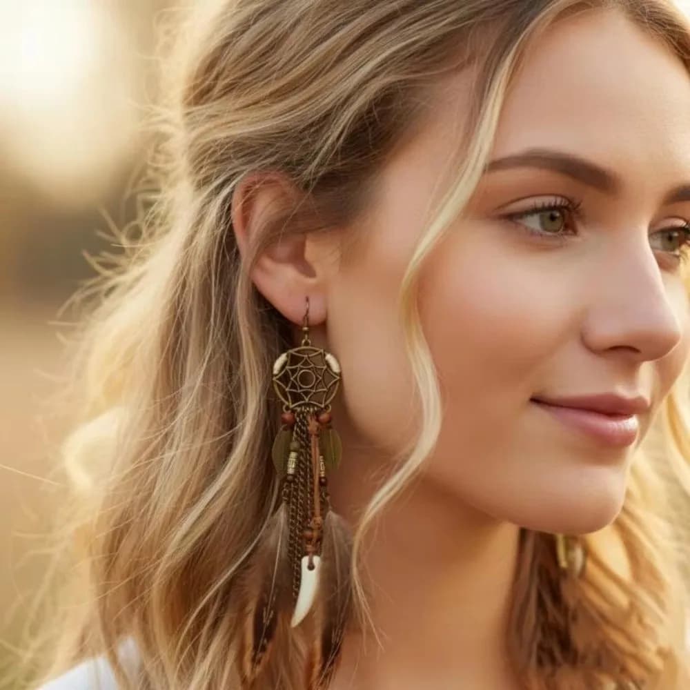 Bohemian Style Dangling Drop Earrings Antique Leaf Pendant Tassel Earrings Long Handmade Dream Catcher Earrings Vacation Jewelry