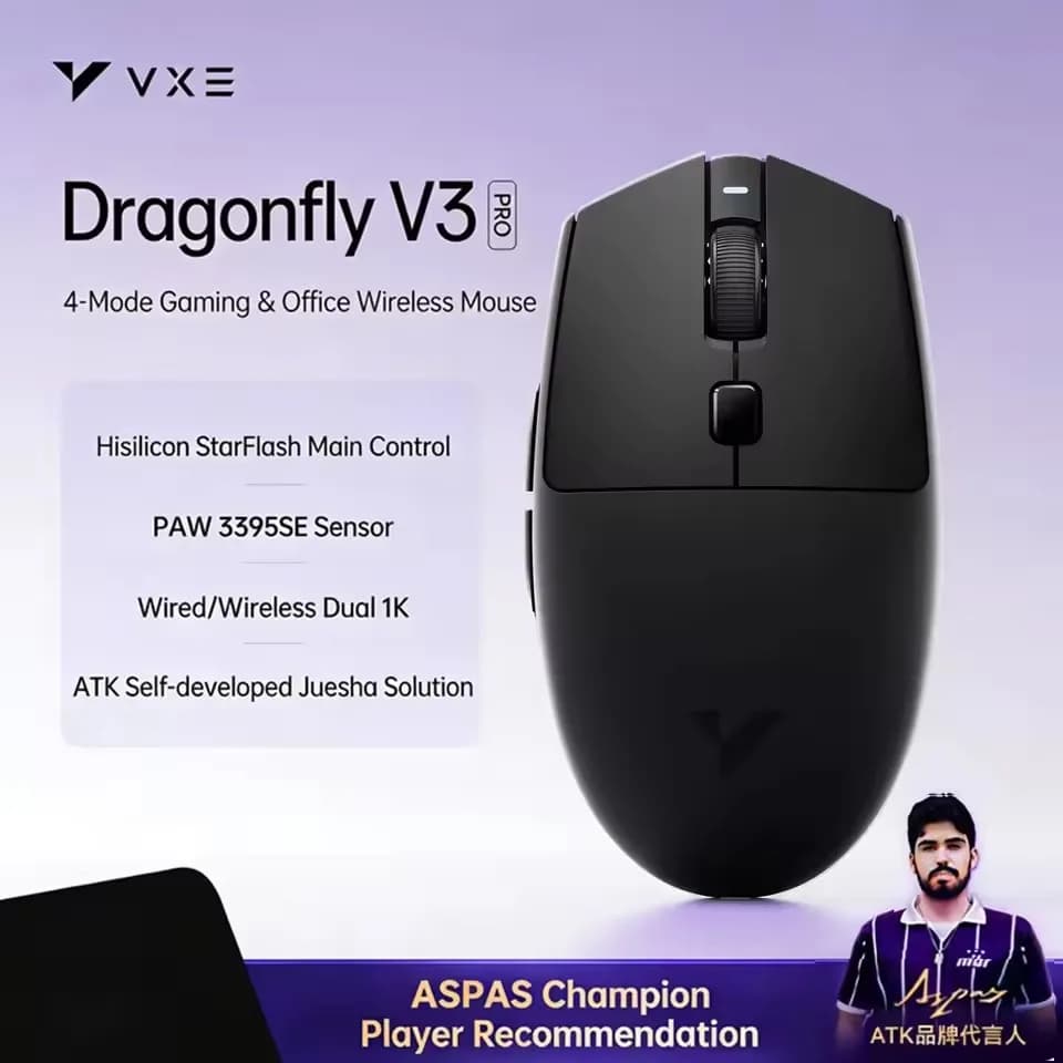 Mouse da Gaming Bluetooth VXE Dragonfly V3 PRO PAW3395SE Wireless 2.4G Ricaricabile Leggero Ergonomico per E-sports