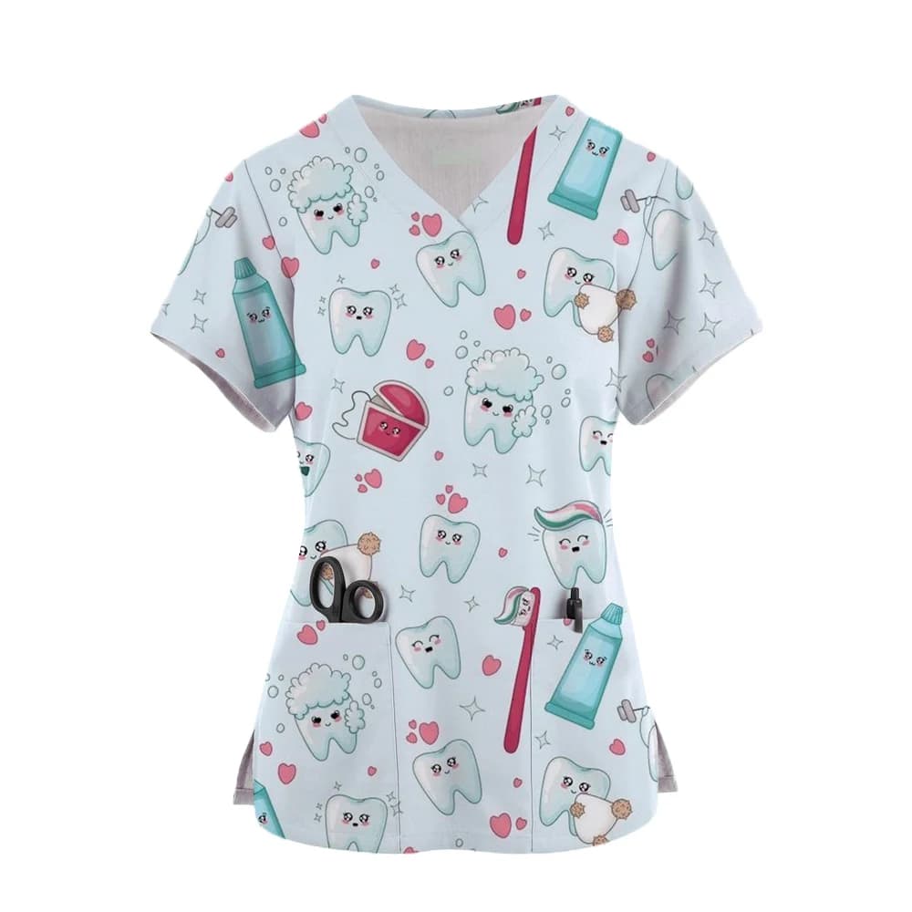2024 Denti Stampa Scrub Magliette e camicette Donne Dentista Uniforme Da Lavoro Infermiera Scrub Uniforme Medicos Para Mujer Dente Ospedale Abbigliamento Da Lavoro