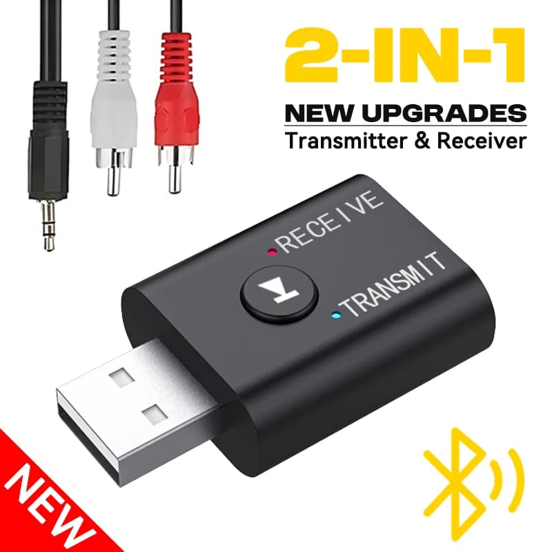 Trasmettitore e Ricevitore Audio Bluetooth 2 in 1 con Microfono HD, Adattatore Wireless Stereo USB AUX da 3,5 mm per Auto, Altoparlanti, TV, PC