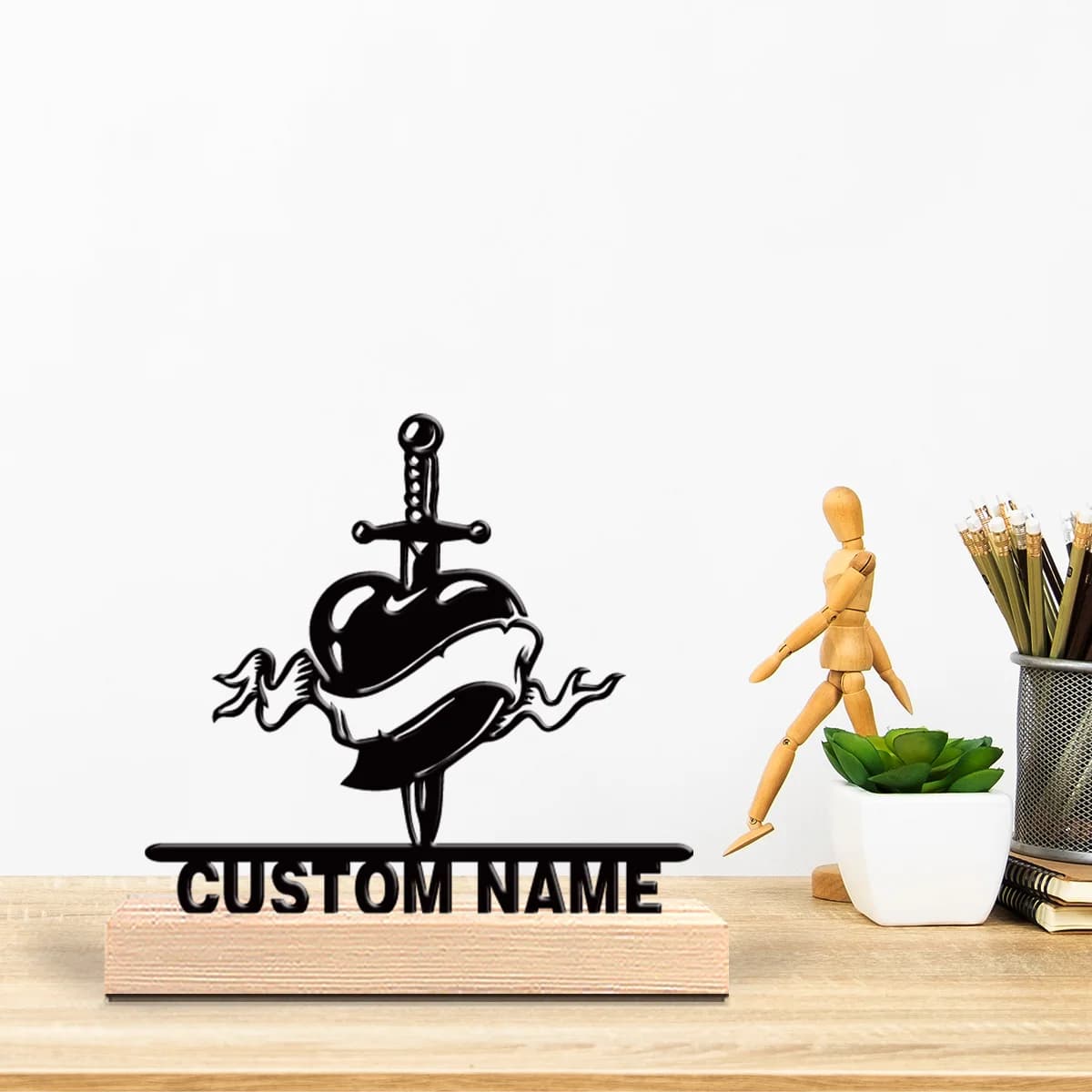 Custom Metal Statue with Wood Base, Love and Sword Theme, Scientific Theme Table Decoration