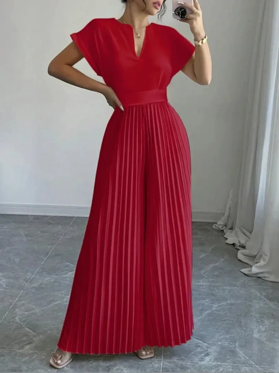 Women Notch Split V Neck Cap Sleeve Pleated Wide Leg Jumpsuit High Waist Texture Floor Length Formal Red Romper Elegant Suit