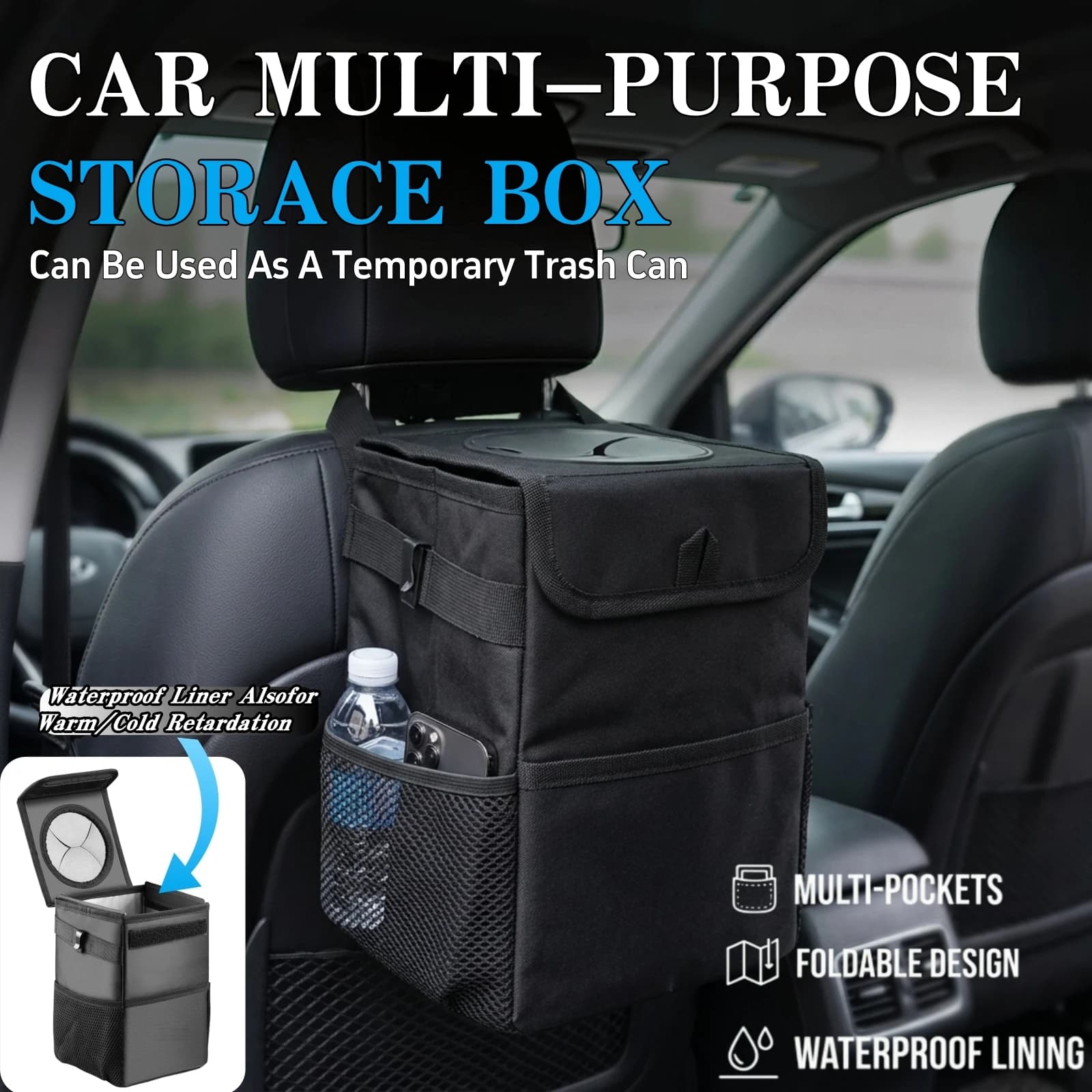 Car trash can with lid, multifunctional vehicle garbage bag, comes with storage pouch, car interior hanging pocket accessory