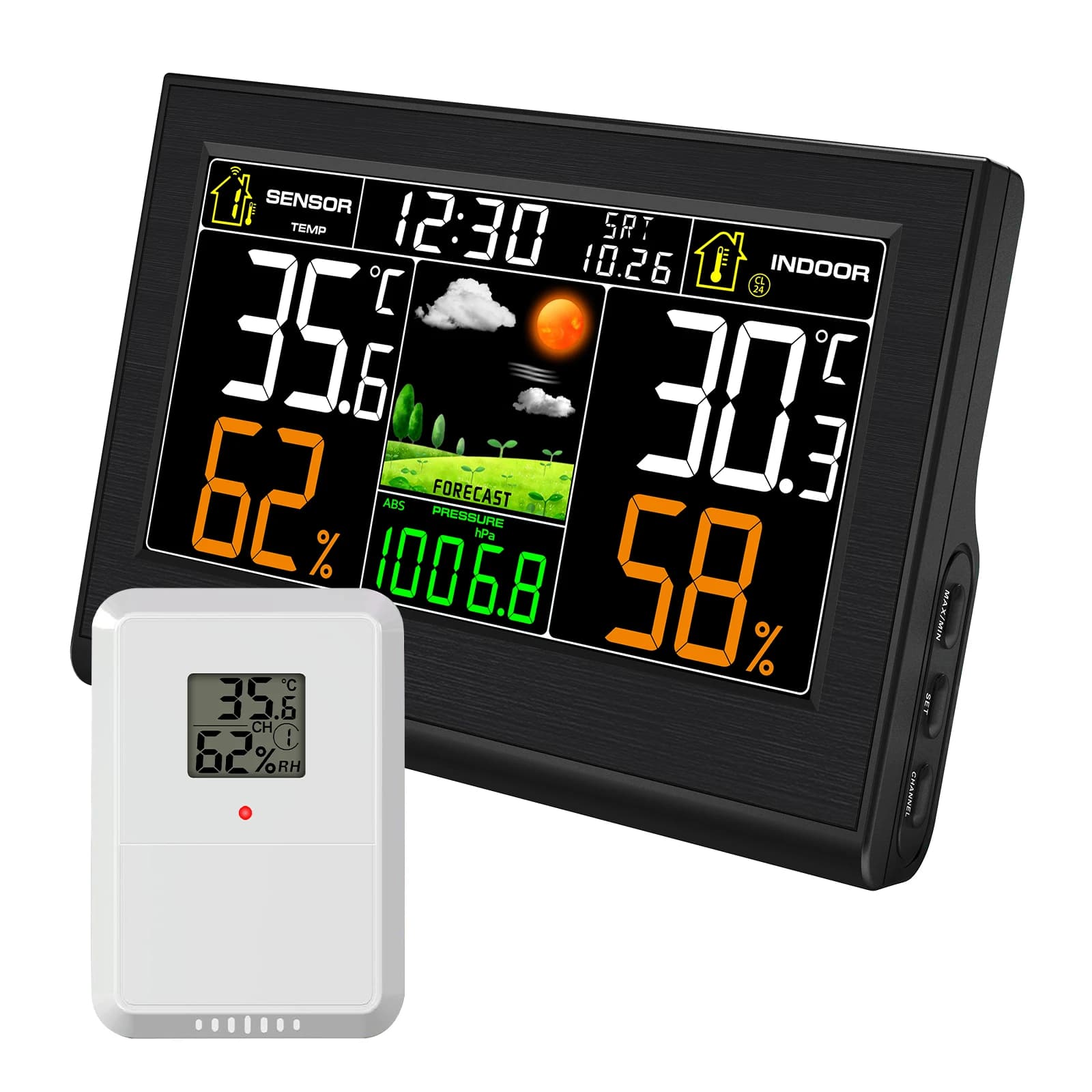 Wireless Weather Station Clock 8CH Remote Sensor Indoor/Outdoor Temp & Humidity Barometer Forecast Alarm/Snooze Home-Garde