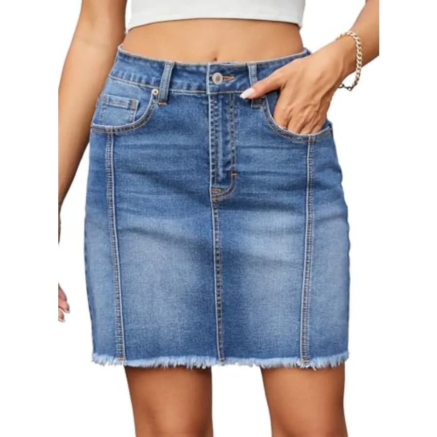 Gonna in denim da donna casual elasticizzata a vita alta con orlo grezzo e chiusura a zip
