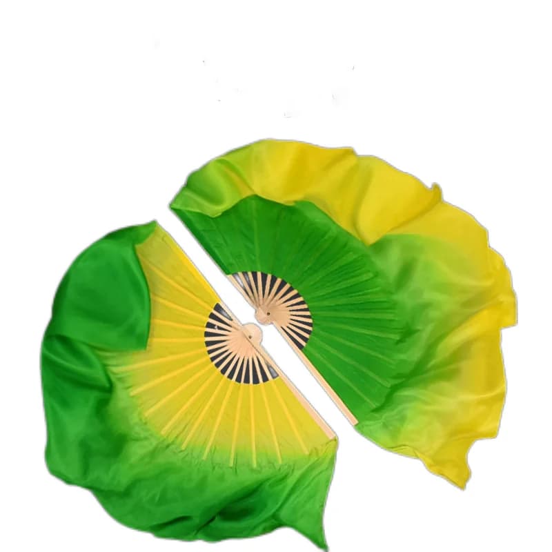 Real Silk Veil Fan Pairs 100% Dance Costume Accessories Prop Light Double Sided Round Circle Moon Fan Green Yellow