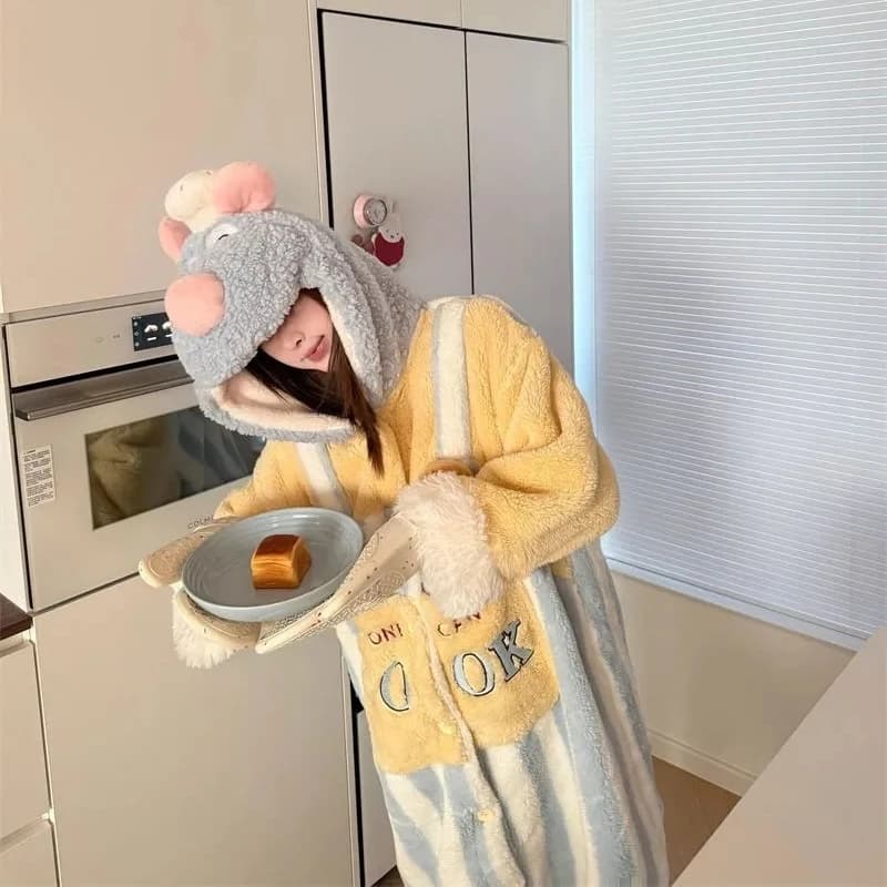Cartoon Disney Ratatouille Robe Carino Corallo Foderato in Pile Loungewear Camicia da Notte da Donna Autunno Inverno Pigiama Addensato con Cappuccio Veste