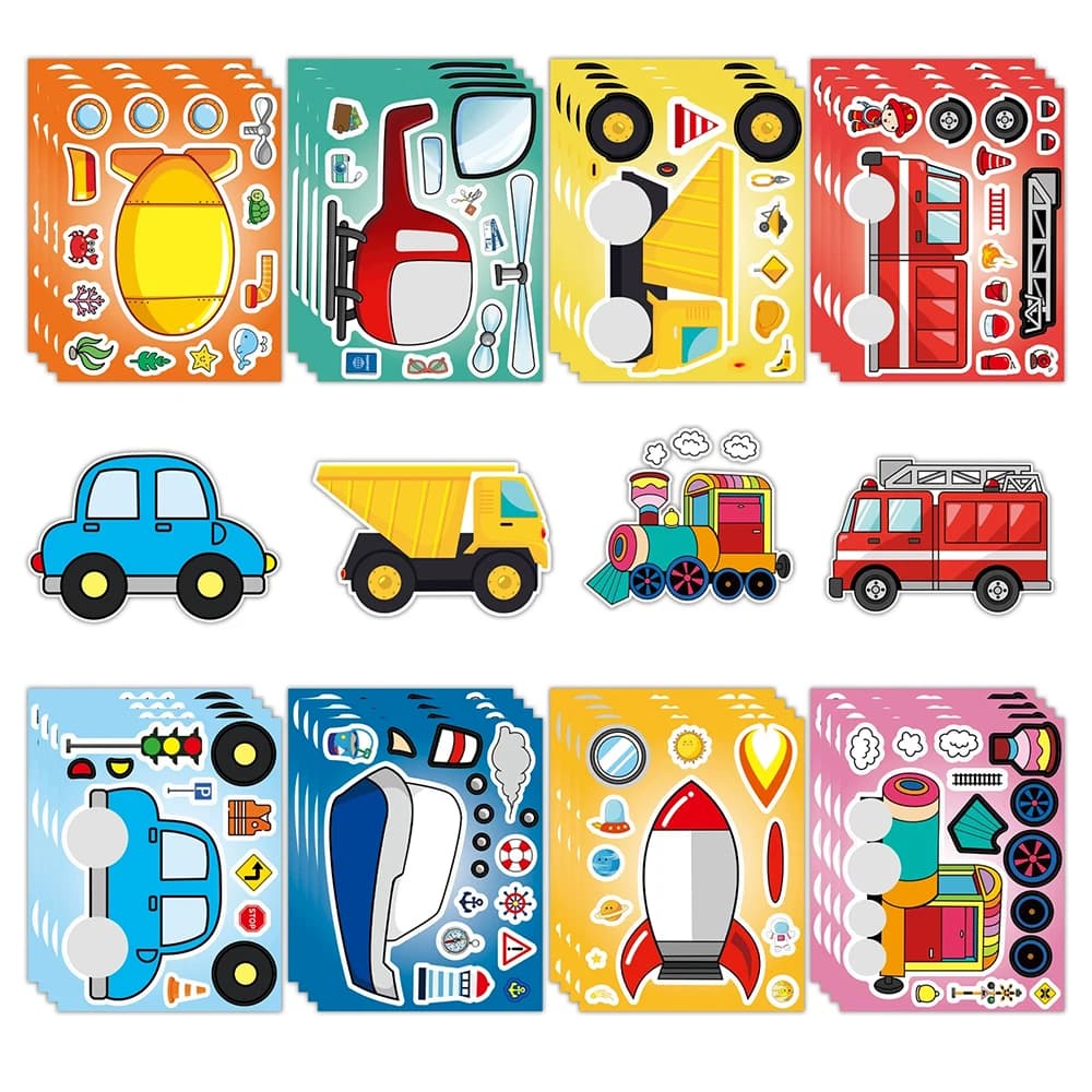8/16Sheets Transportation Vehicles Make a Face Puzzle Stickers Rocket Plane Cartoon Decals DIY Assemble Jigsaw Reward Sticker