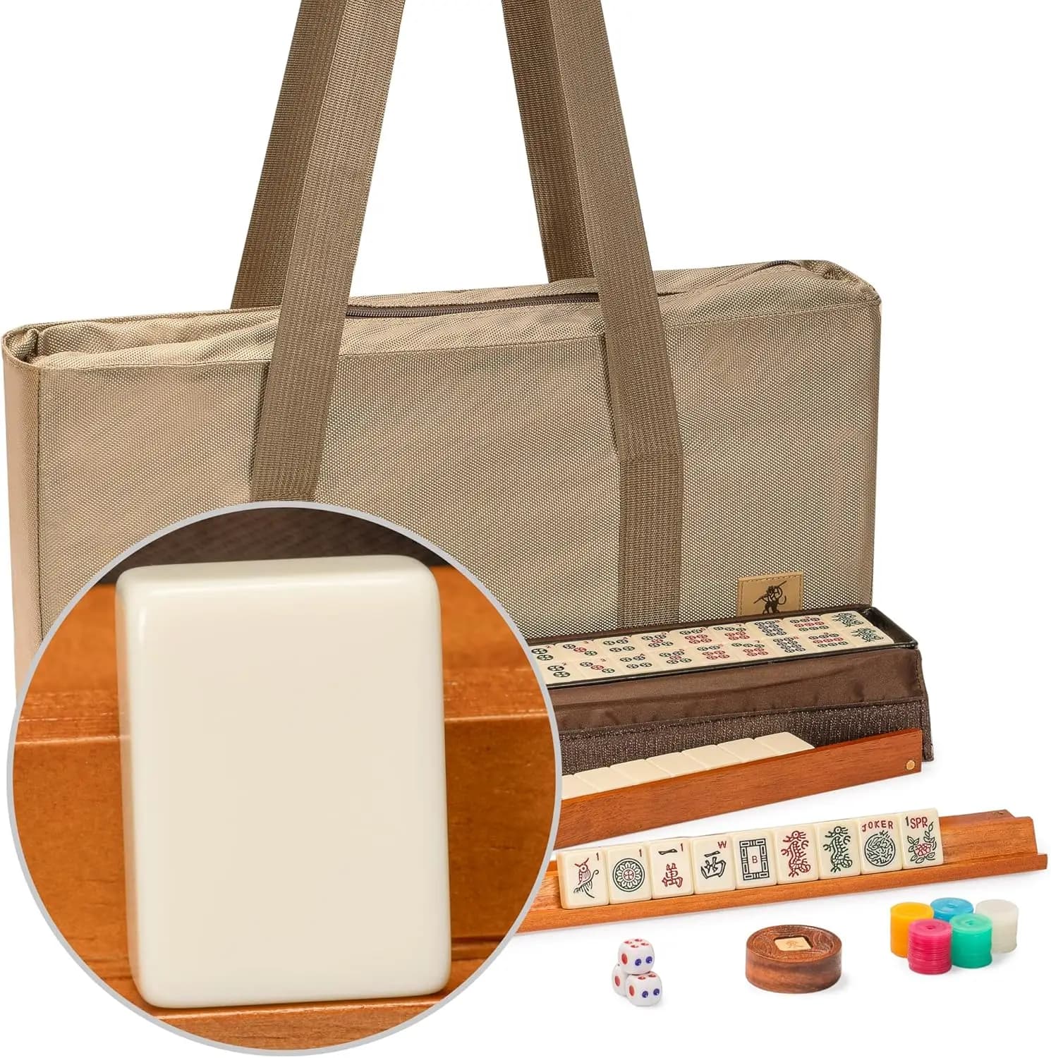 Set Mahjong Americano, Avorio Mojave con Valigetta Marrone, 166 Tessere, Supporti Tutto-in-Uno, Monete per Punteggio, Dadi, Indicatore Vento