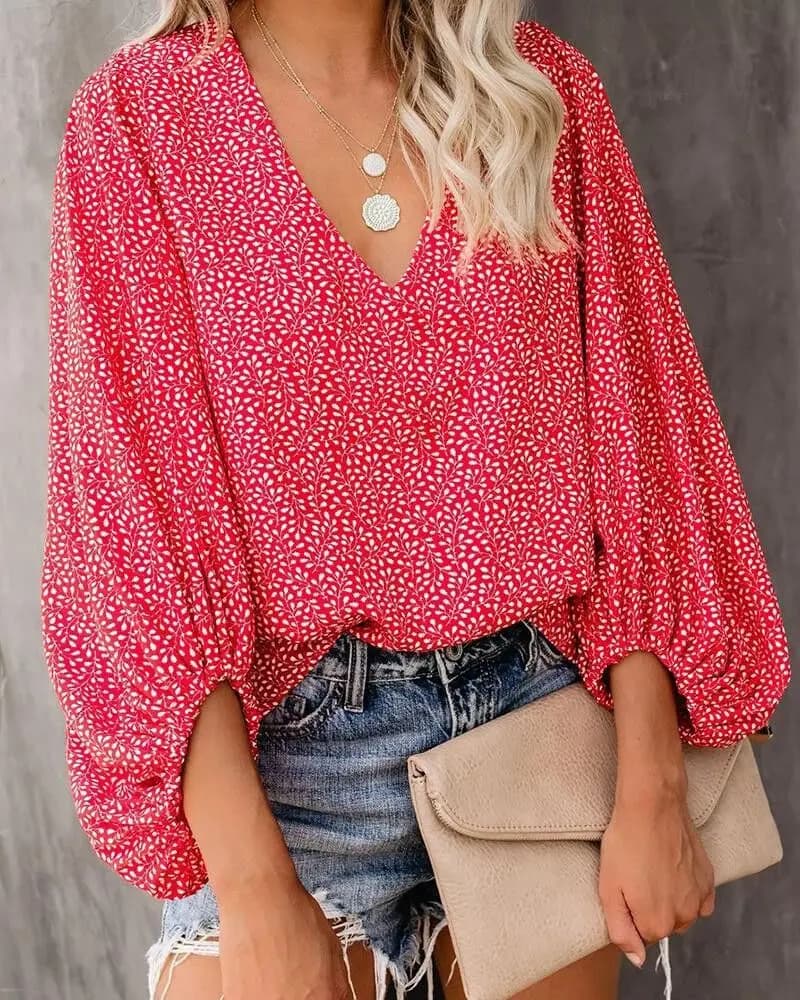 2023 New European and American Cross Boder Primavera/Estate/Autunno Camicia casual con scollo a V Stampata Manica a lanterna Top da donna W