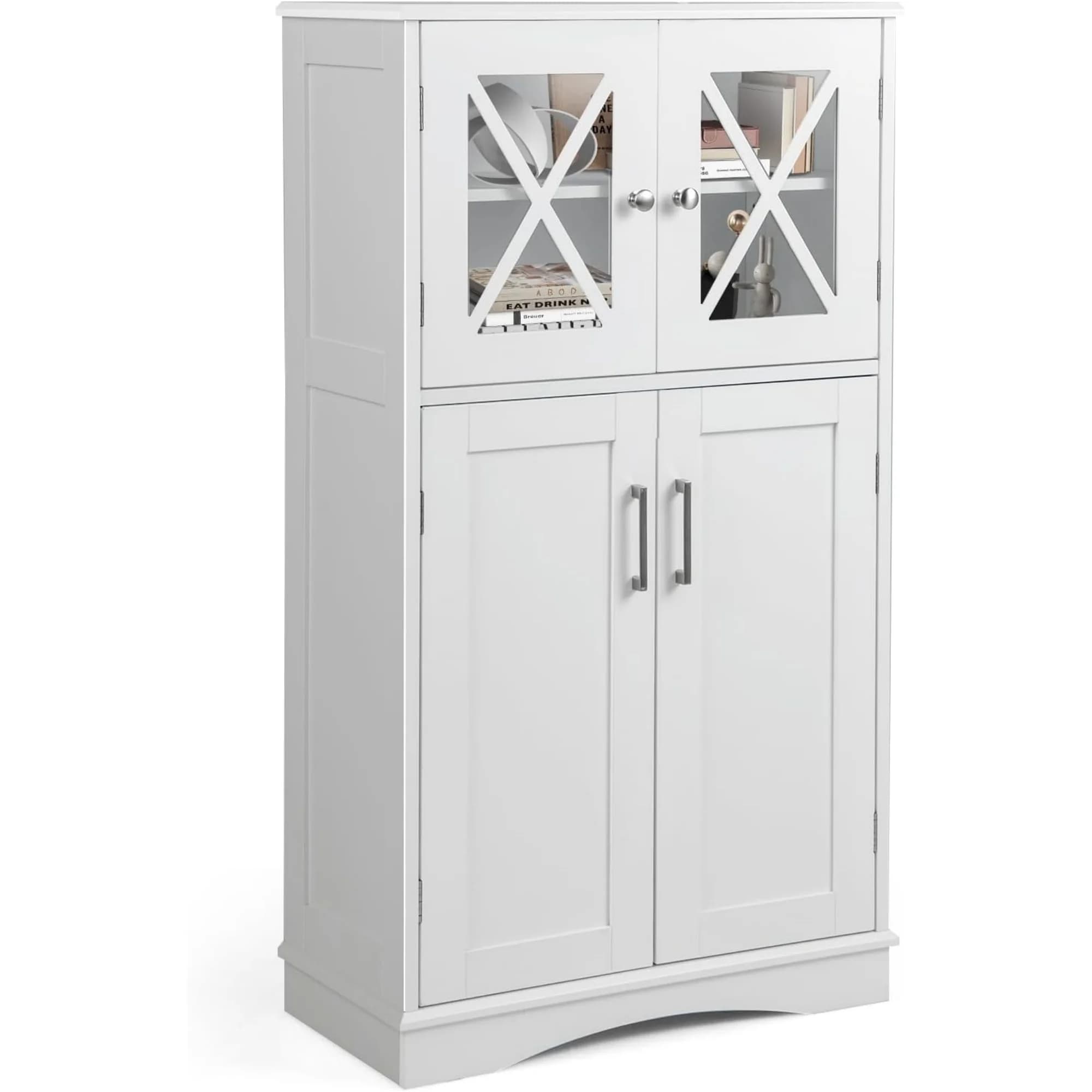 Bathroom Floor Cabinet, Kitchen Pantry Cupboard with 2 Glass Doors & 3 Adjustable Shelves, Modern Storage Organizer Cabinet for Living Room, Kitchen, Entryway, Office (White)
