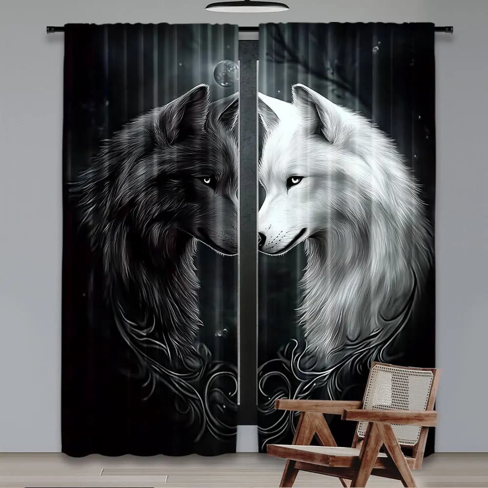 Tenda a tema animale da 2 pezzi Lupo nella foresta di notte Tenda adatta per camera da letto, bagno, soggiorno, sala da pranzo, sala studio