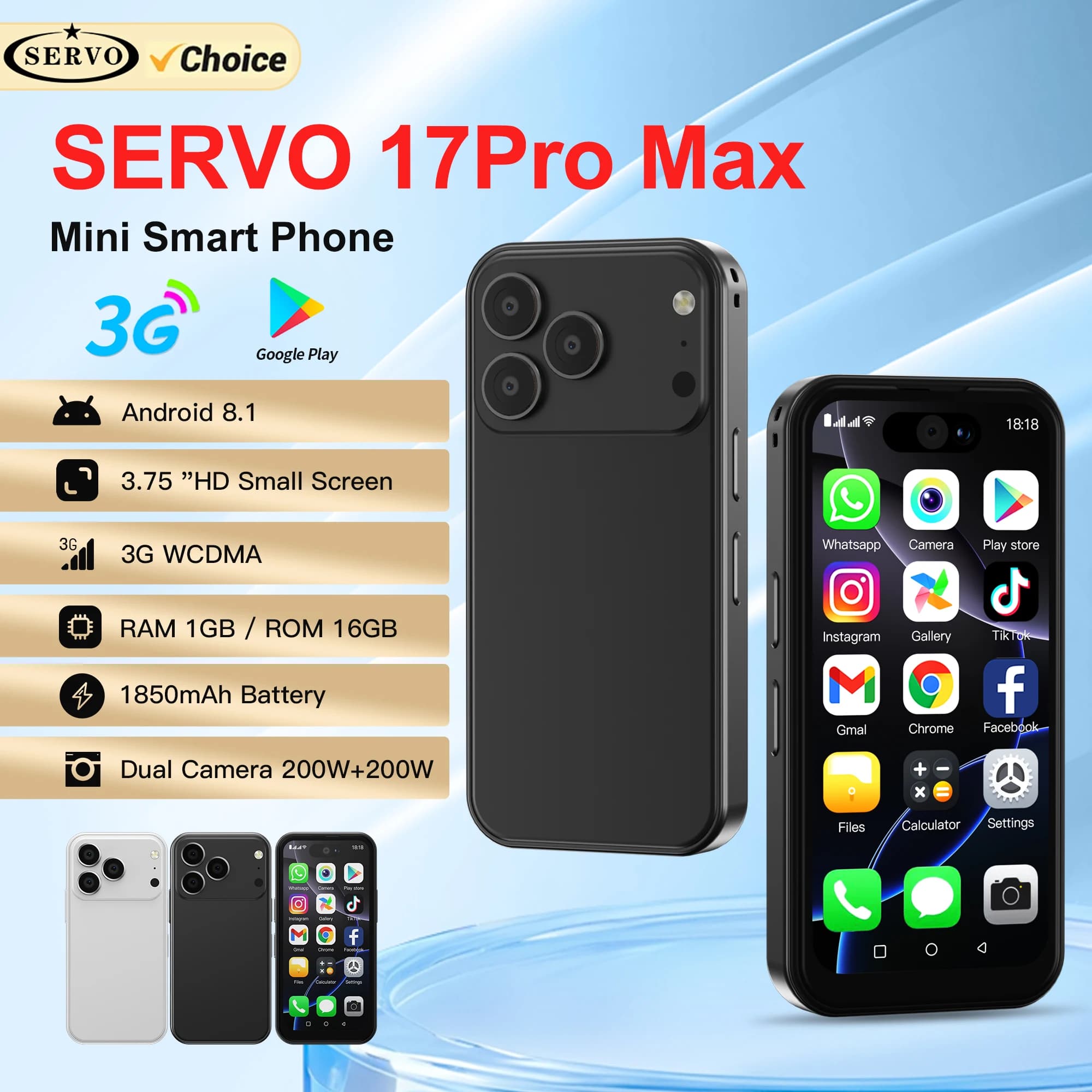 SERVO 17PRO MAX Android Mini Smartphone 3G WCDMA Dual SIM Standby 16GB ROM Play Store WiFi Schermo da 3,75 "Schermo Simpatici piccoli telefoni cellulari