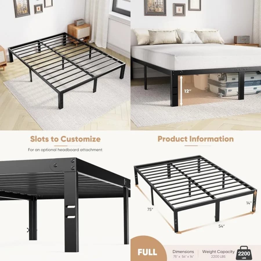 14 inch double bed frame - Metal bed base with steel slats support, no spring net required, Stora