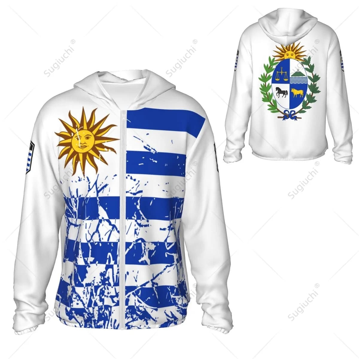 Felpa con cappuccio con protezione solare con bandiera dell'Uruguay, abbigliamento per la protezione solare, pesca, ciclismo, corsa, asciugatura rapida, manica lunga con cerniera, poliestere