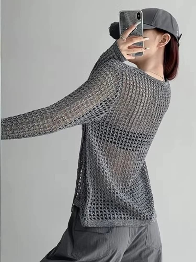 Maglietta Estiva 2026 da Donna a Maniche Lunghe in Maglia Traforata Stile Coreano, Top Ampio con Spacco, Protezione Solare, Trendy