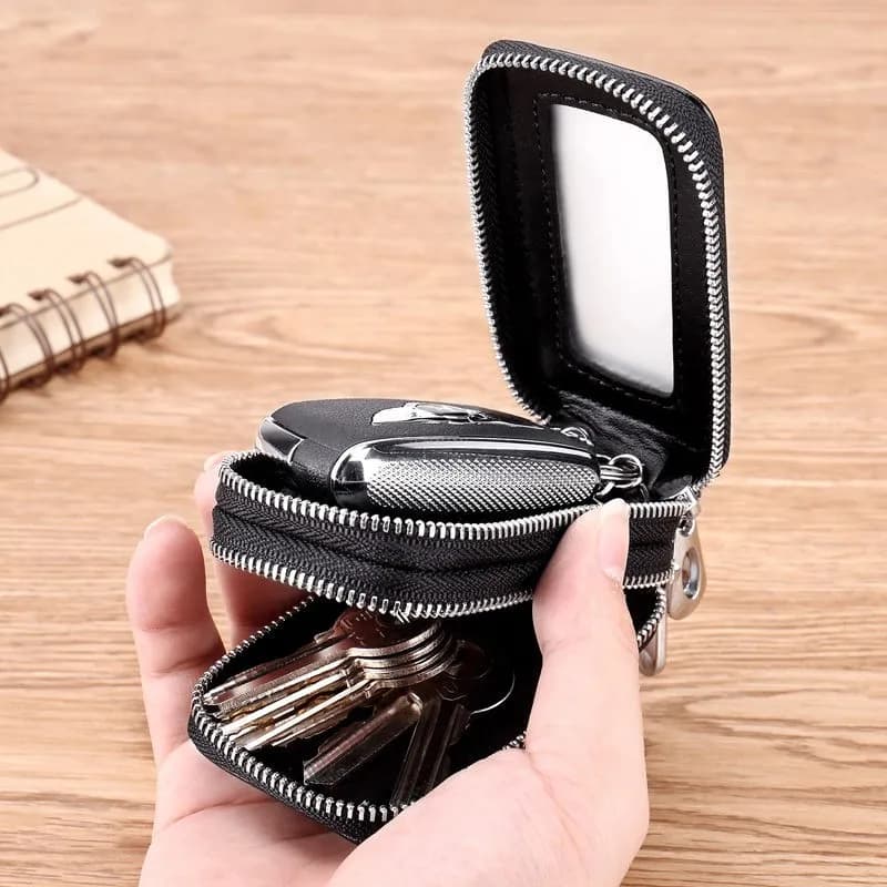 BUYLEMO Double Zipper PU Leather Car Key Case, Clear Window Multi-functional Key Card Holder Unisex