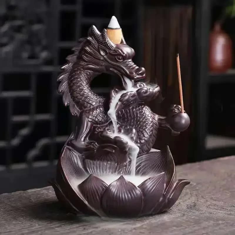 Lotus Dragon Ceramica Ornamenti per la casa Cascata Riflusso Bruciatore di incenso Porta bastoncini di incenso Drago Incensiere