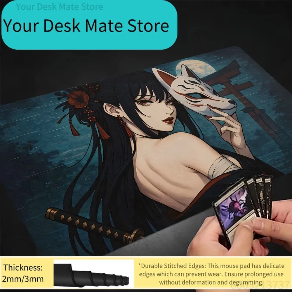 Grande Tappetino da Scrivania Antiscivolo con Stampa Anime Kitsune e Samurai per Giochi TCG