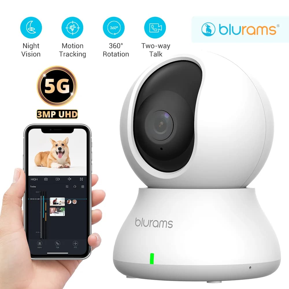 Telecamera da interno Blurams 2K 5GHz/2,4GHz per la sicurezza domestica, 360 ° Telecamera PTZ per cani da compagnia con app telefonica, conversazione bidirezionale, visione notturna, sirena