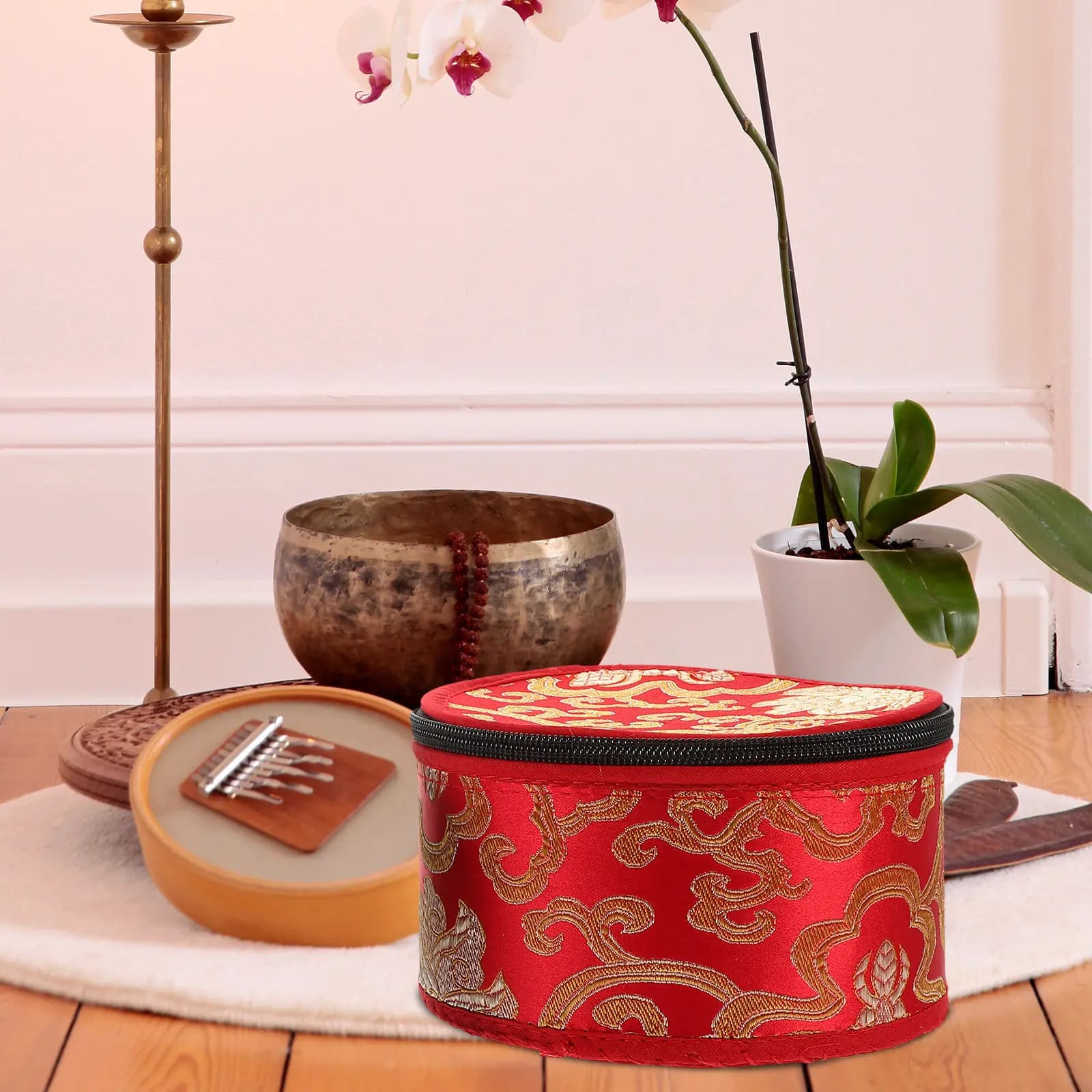 1Pcs Tibetan Singing Bowl Carry Case Handmade Embroidered Smooth Luxury Surface Zipper Secure Closure Storage Bag