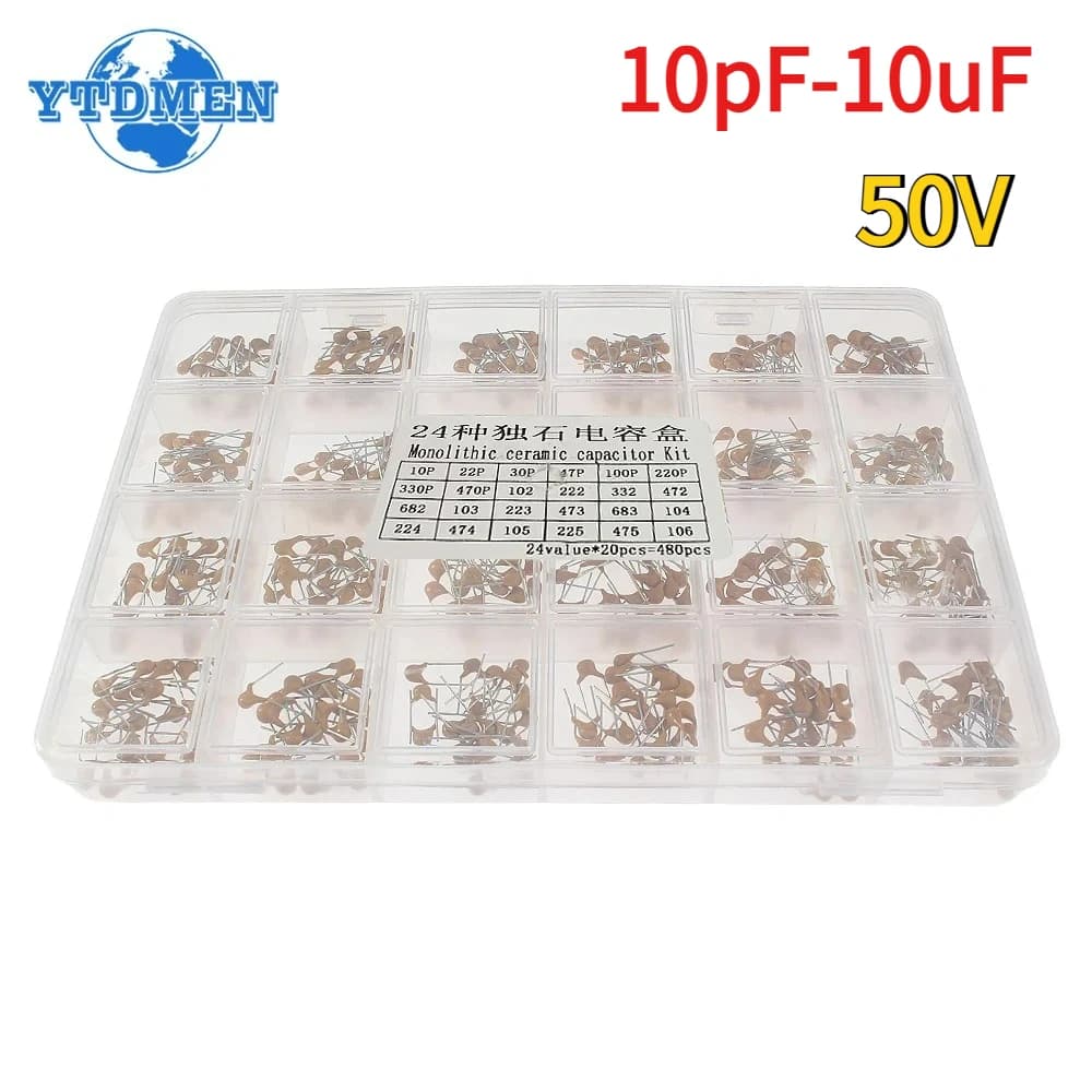 480 pz 24 Tipi Condensatore Ceramico Monolitico 50 V 10pF-10uF Condensatore Ceramico Kit Assortito Condensatori Elettronici Set