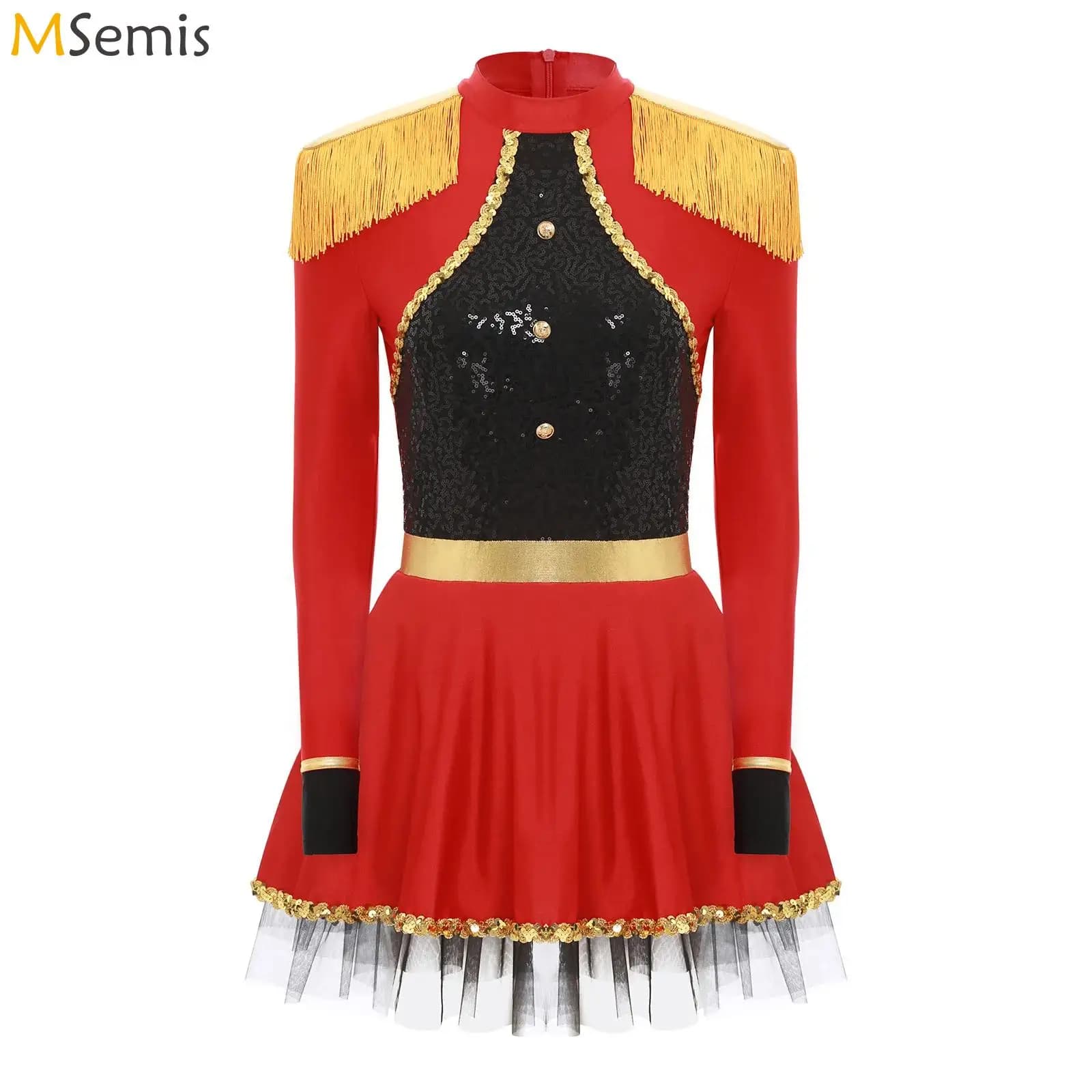 Women Circus Ringmaster Bodysuit Dress Long Sleeves Fringe Shoulder Pad Dress Sparkly Sequins Circus Cosplay Halloween Costumes