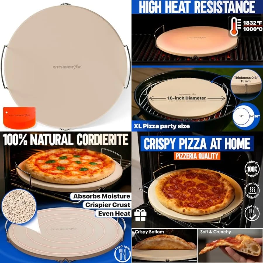 Pietra per Pizza per Forno e Barbecue con Manici, Rotonda, Spessore 5/8 - Cordierite Naturale, Resistente a 1800°F, Set di Pietre da Forno con