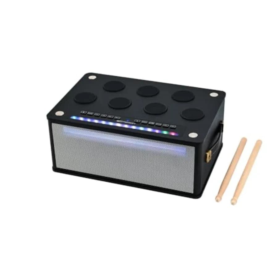 Altoparlante Bluetooth per Feste con Drum Pad Digitali, Luci LED, Doppi Altoparlanti, Ingressi USB/AUX/Mic, Batteria Ricaricabile, Colore Nero