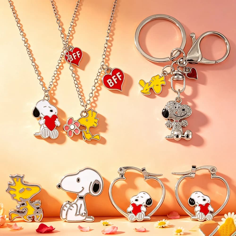 Cartoon Puppy Dog BFF Jewelry Set Friendship Necklaces Earrings Keychain Charms for Cosplay Party Gift Fans