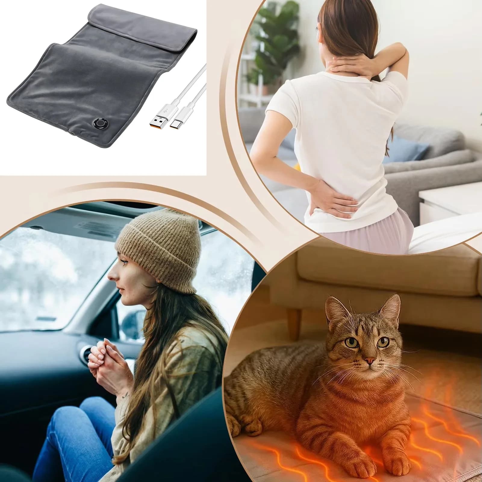 Nuovo Cuscino Riscaldante USB Ricaricabile, Coperta Termica USB per Collo, Schiena, Gambe, Ginocchia, Addome, Crampi Mestruali, Letto, Divano