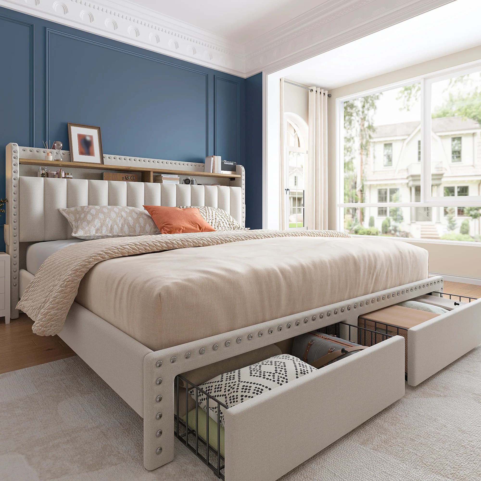 Struttura letto matrimoniale/queen/king con testiera a 2 livelli e 2 cassetti contenitore, letto imbottito con piattaforma, non richiede rete a molle
