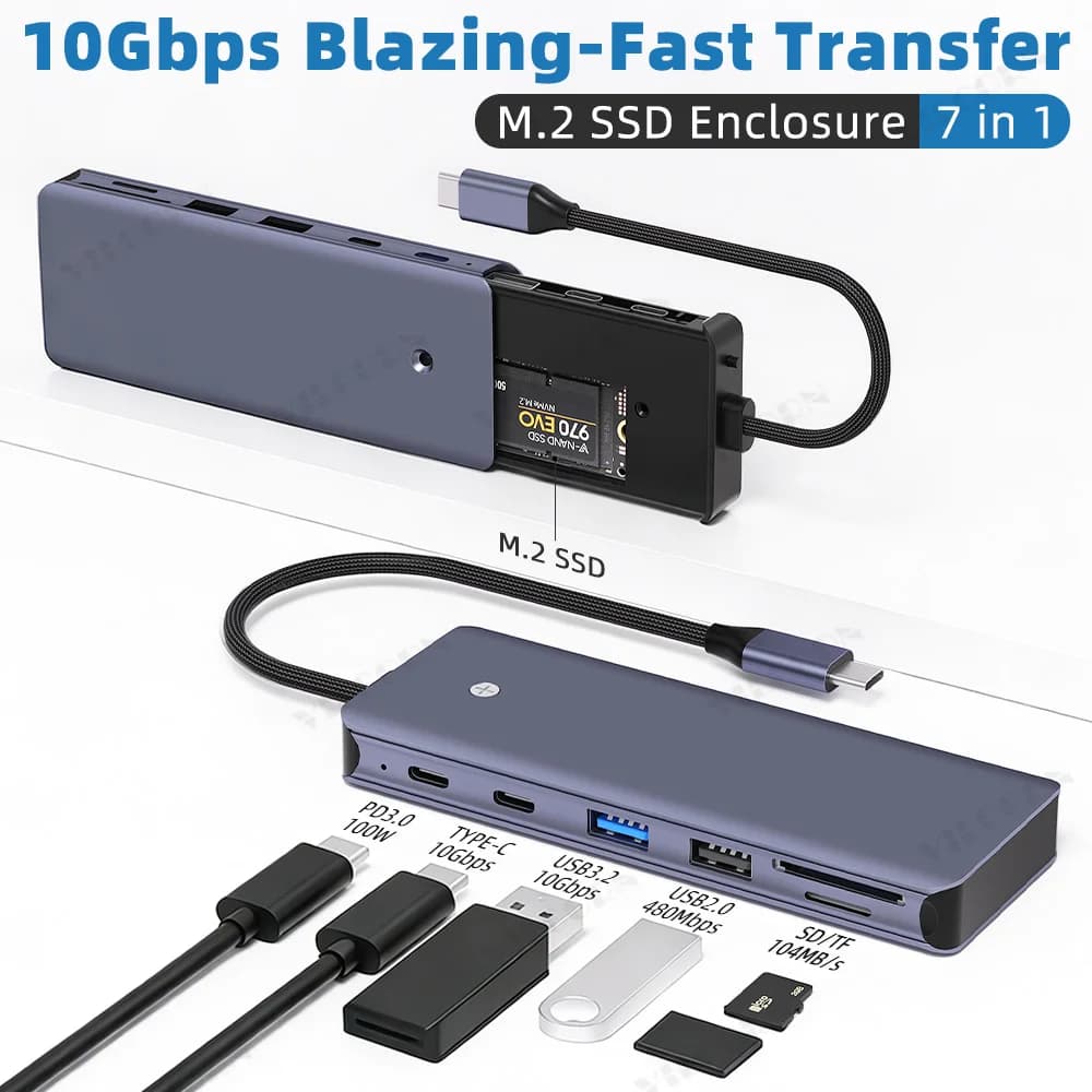 Hub USB C 7 in 1 per MacBook Pro/Air, docking station Type-C con custodia per SSD M.2 NVMe, PD 100W, hub dati portatile per laptop