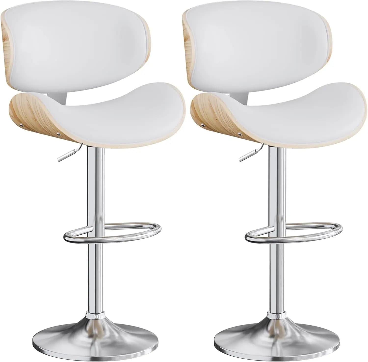 Set di 2 sgabelli da bar girevoli regolabili in pelle con schienale e poggiapiedi per isola cucina, bianco crema
